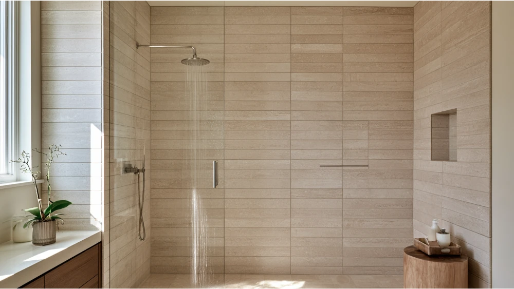Modern shower with durable porcelain wall tile and timeless tile pattern