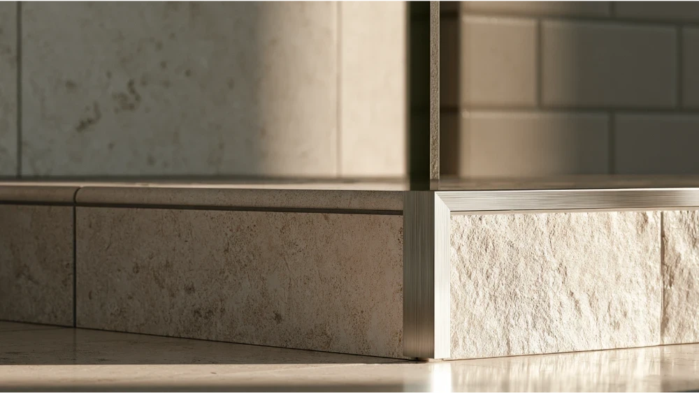 Comparison of bullnose trim, Schluter metal profile, and mitered tile edge finishes