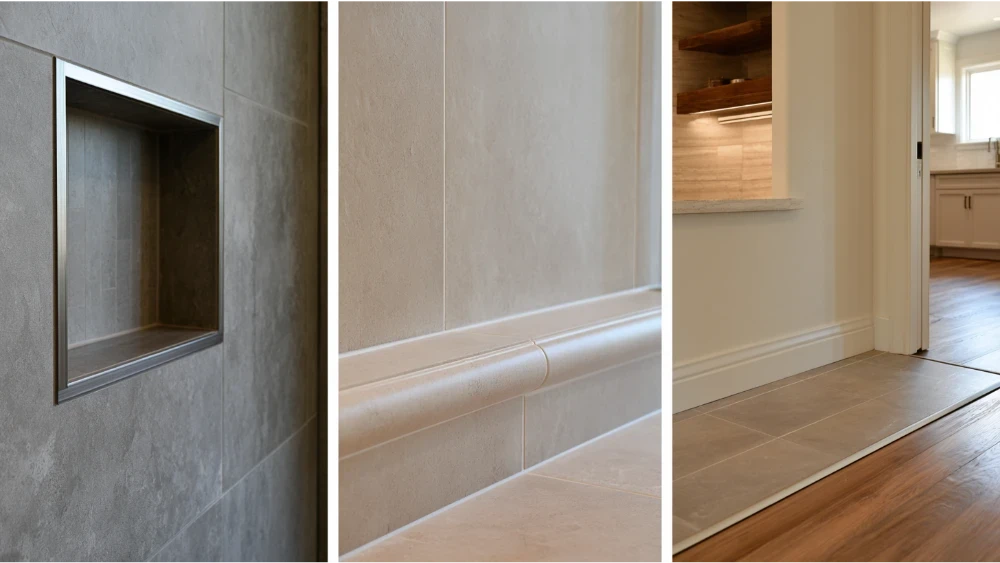Tile edge finishing details used across a shower, kitchen backsplash, bathroom wall, and floor transition