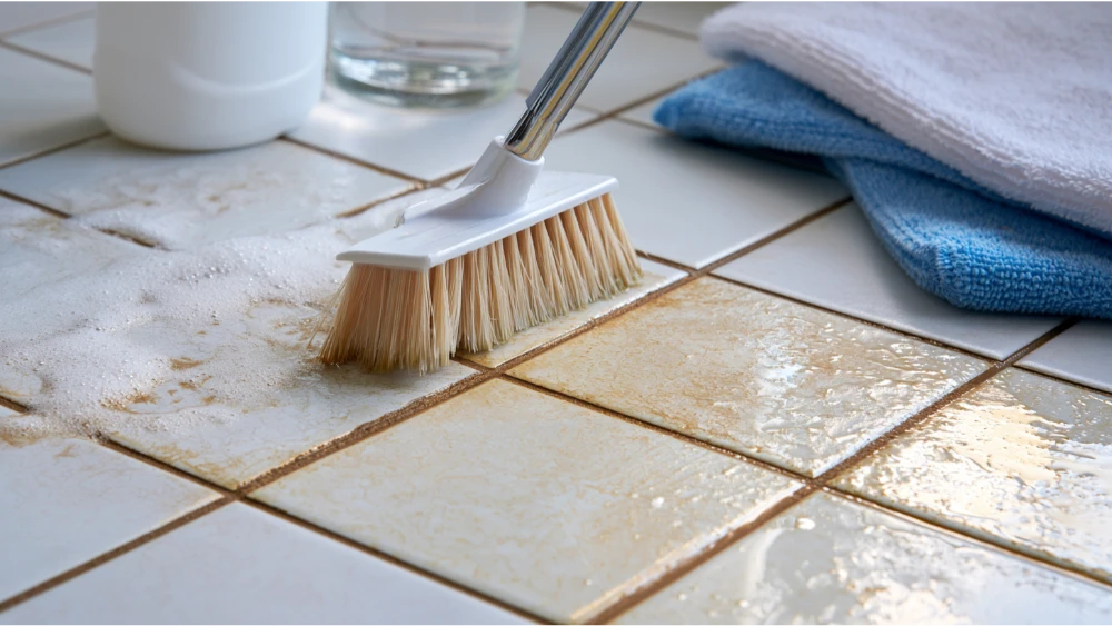 Tile grout being deep cleaned with a nylon grout brush and professional tile cleaner