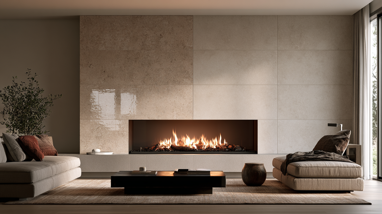 Modern fireplace surround combining glossy and matte tile finishes to create different visual effects