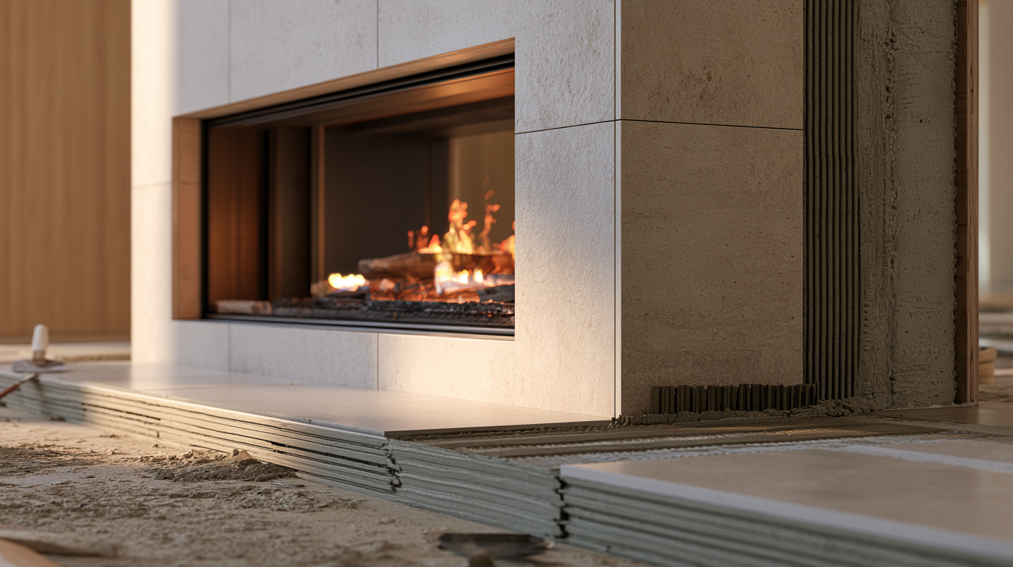 Fireplace tile installation using heat-resistant mortar and setting materials around a modern firebox