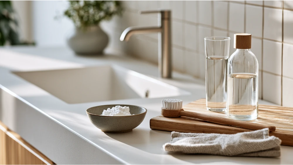 Baking soda, hydrogen peroxide, and water used to safely clean stained tile grout