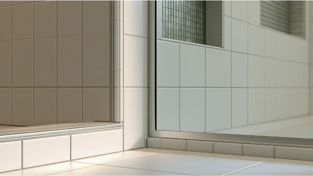 Bathroom tile edges finished with bullnose trim, decorative liner, metal profile, and mitered corner