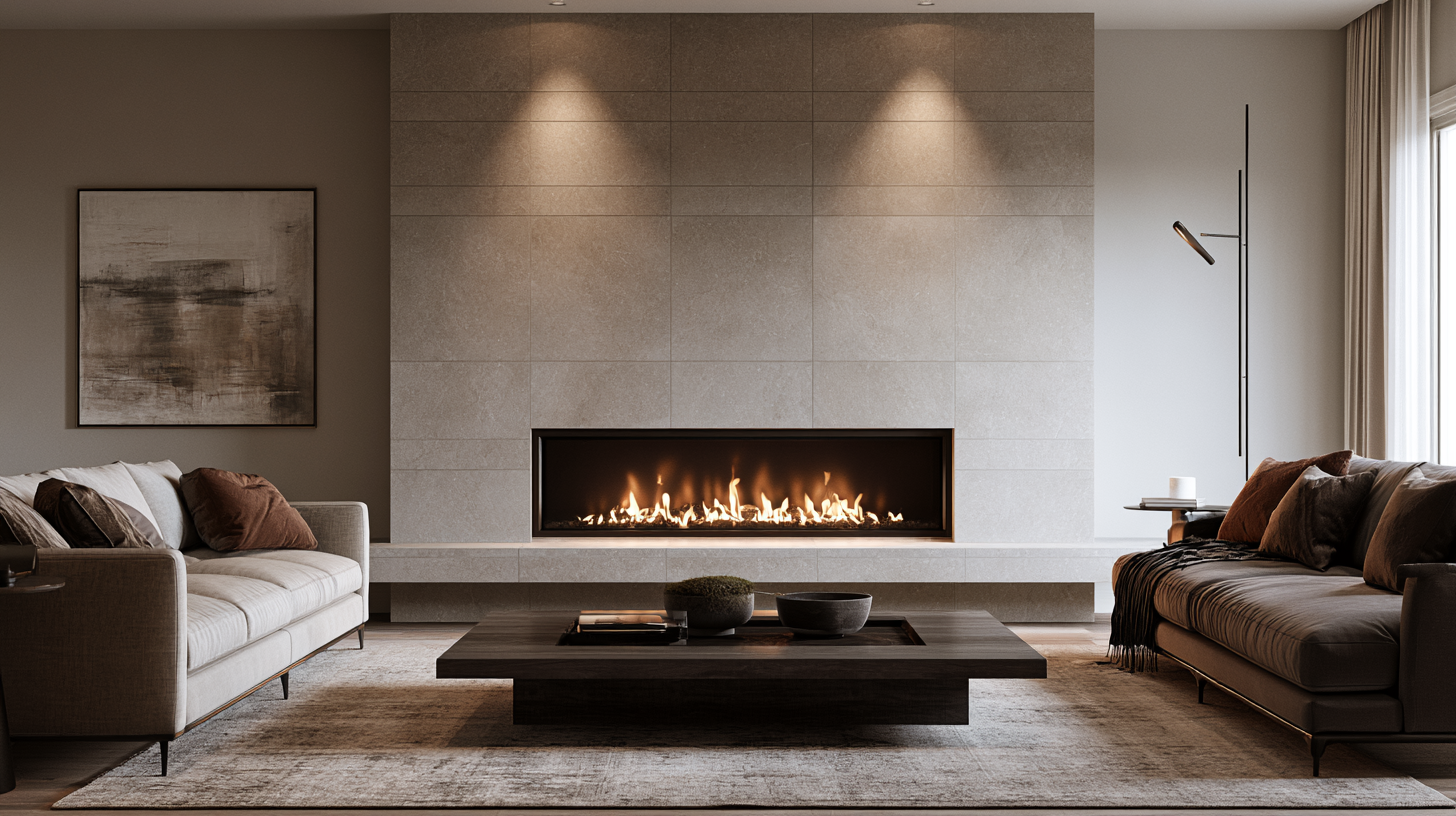 Modern fireplace surround finished with large-format porcelain tile and minimal grout lines