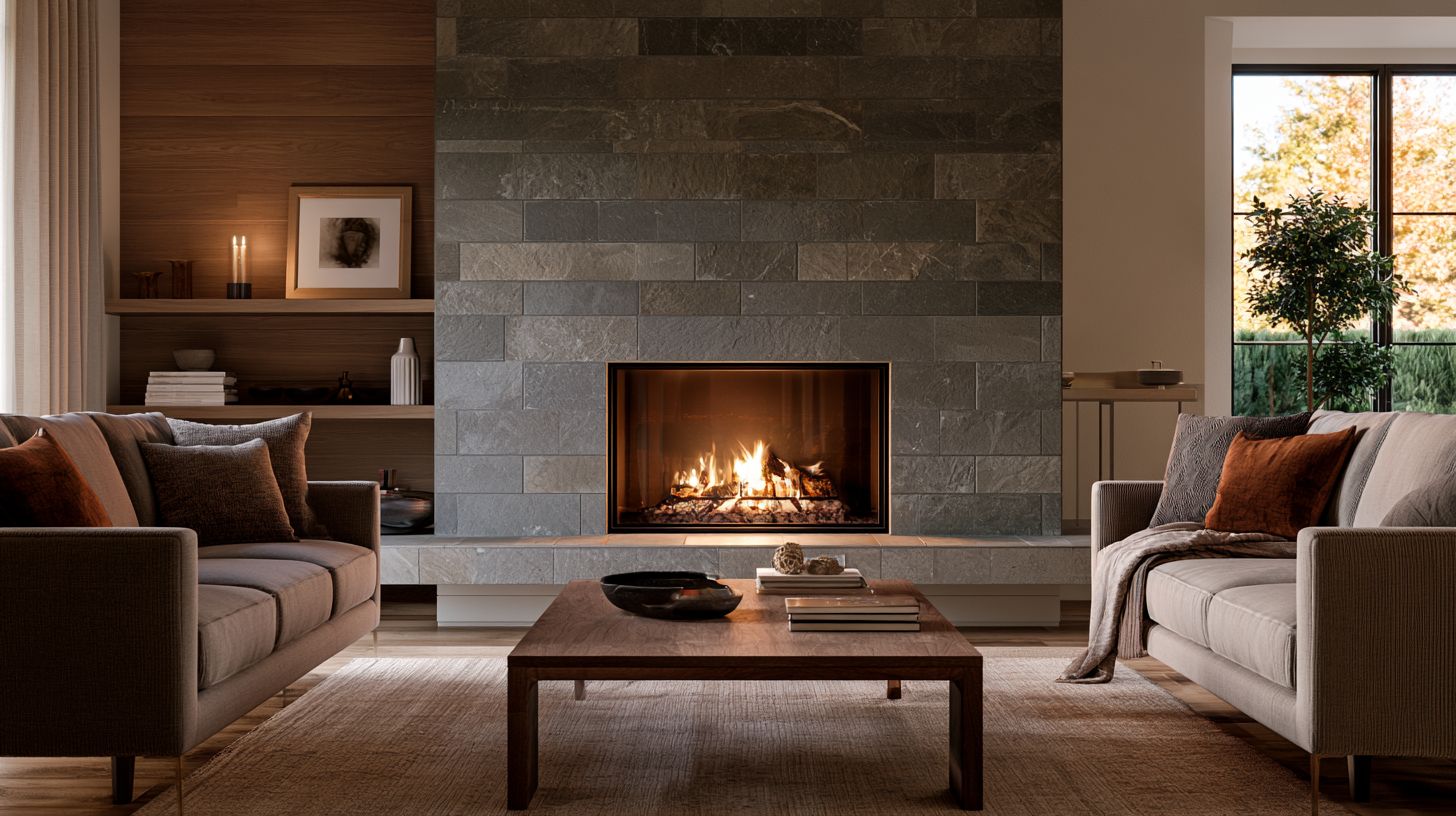 Elegant fireplace surround featuring natural stone tile with a refined contemporary finish