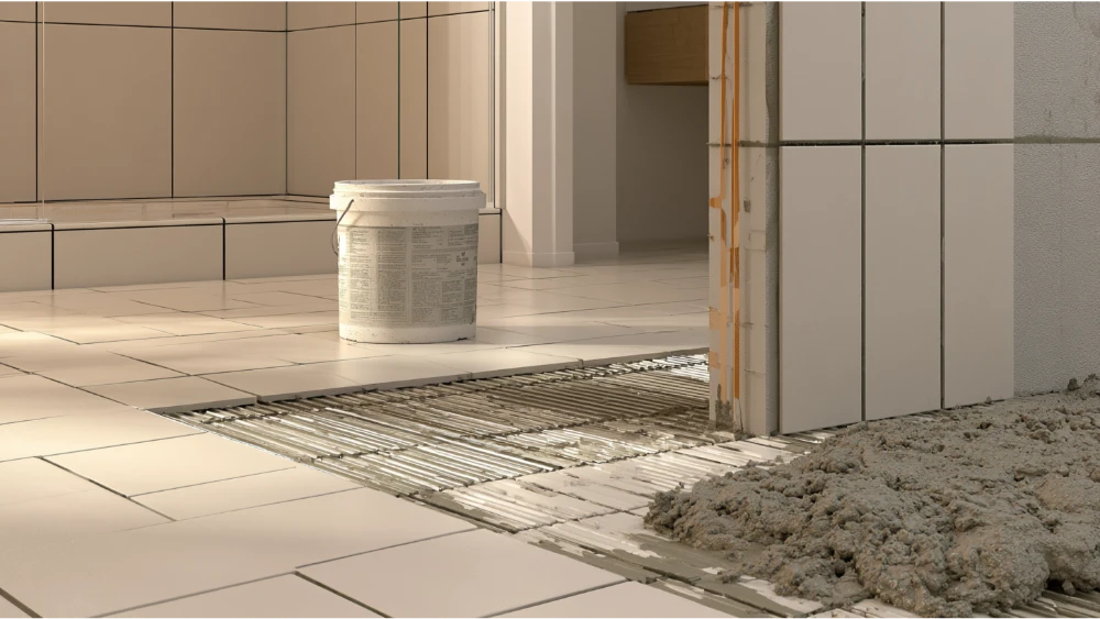 Tile installation illustrating the different roles of thinset mortar, grout, mastic, and mortar