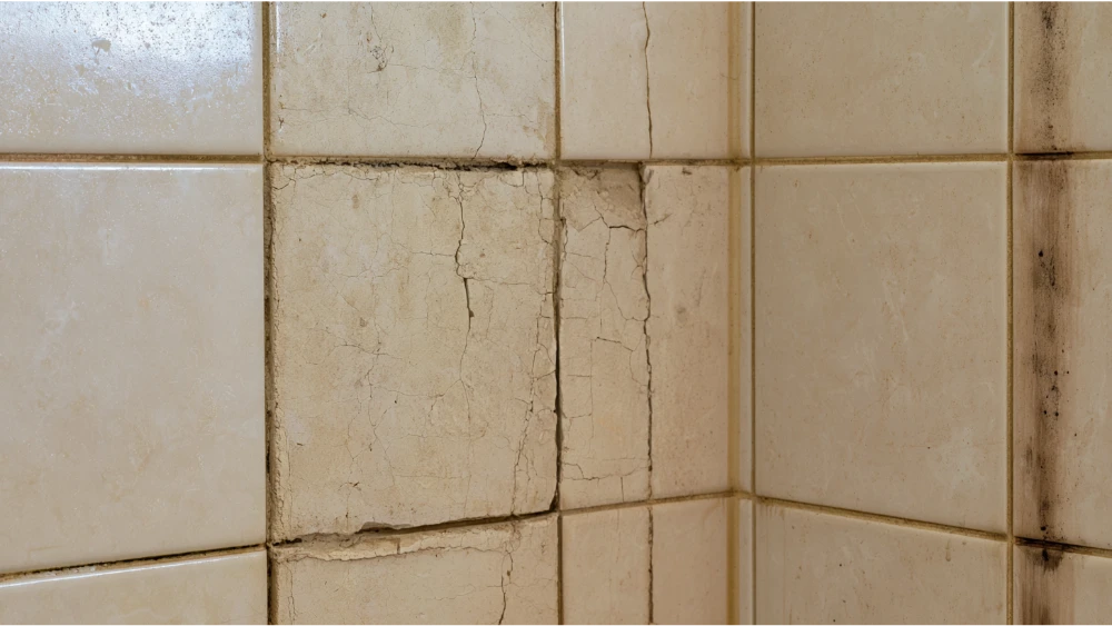 Damaged shower grout with cracks and missing sections requiring professional tile and grout repair