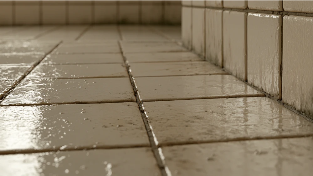 Bathroom tile grout showing soap scum, dirt, and moisture buildup in porous grout lines