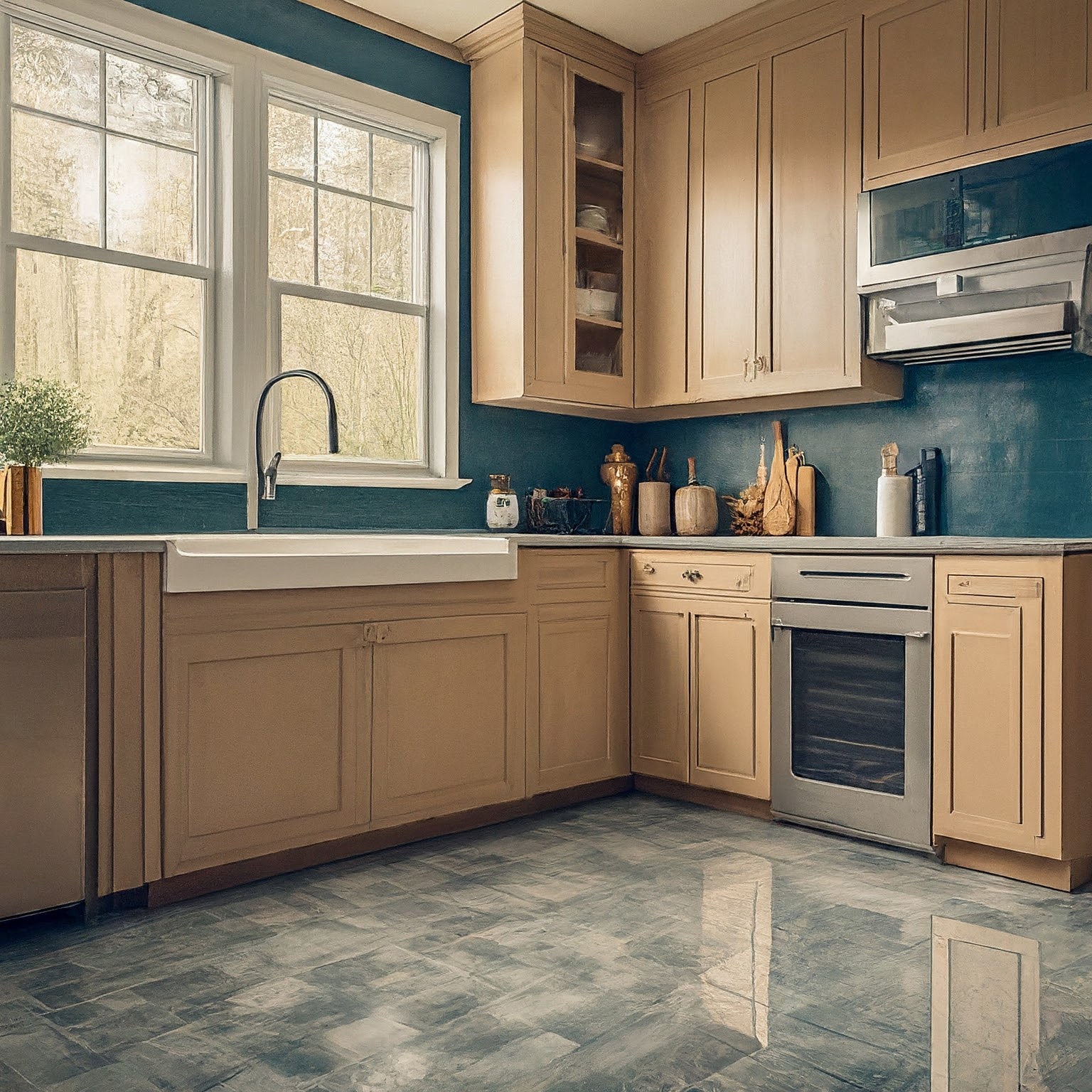 Modern kitchen with meticulously installed light gray textured tile flooring, Roseville CA tile installation by Vasko Tile Co.