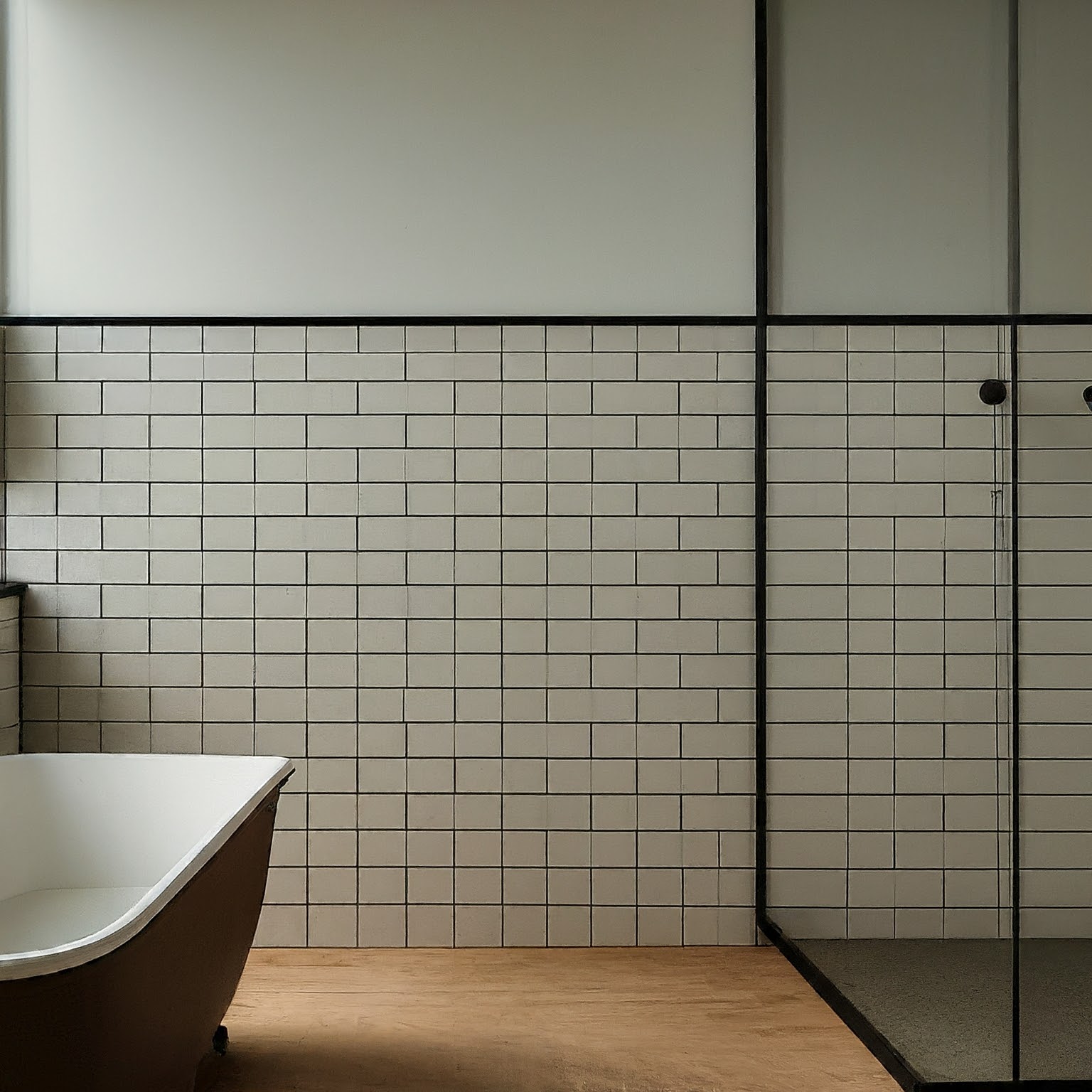 Modern bathroom remodel with white subway tile walls, dark patterned mosaic shower floor tile, chrome fixtures, and a glass shower door, Roseville CA tile installation company.