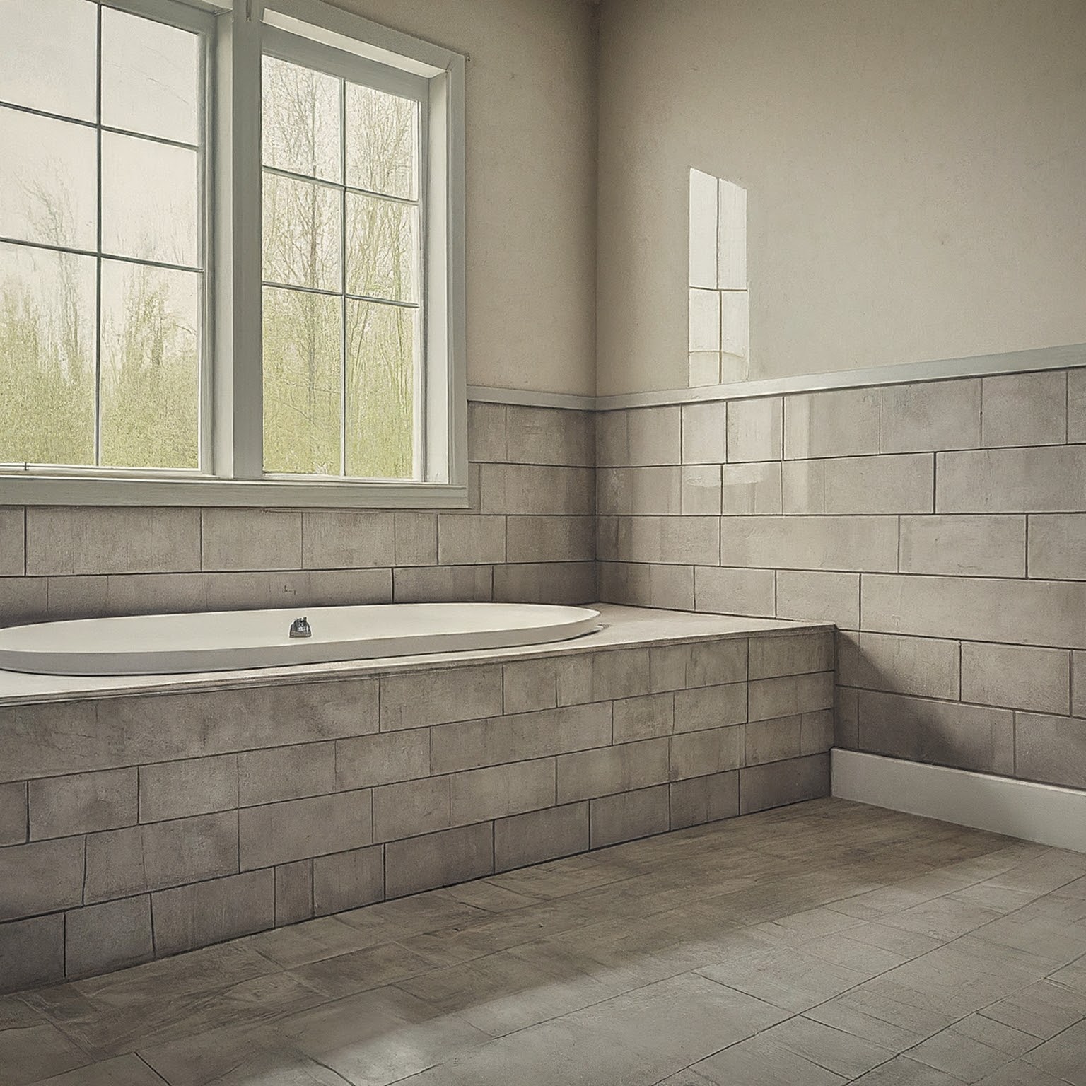 Modern bathroom remodel with white subway tile walls, dark gray mosaic floor tile, and walk-in shower with glass tile accent, Roseville CA tile installer.