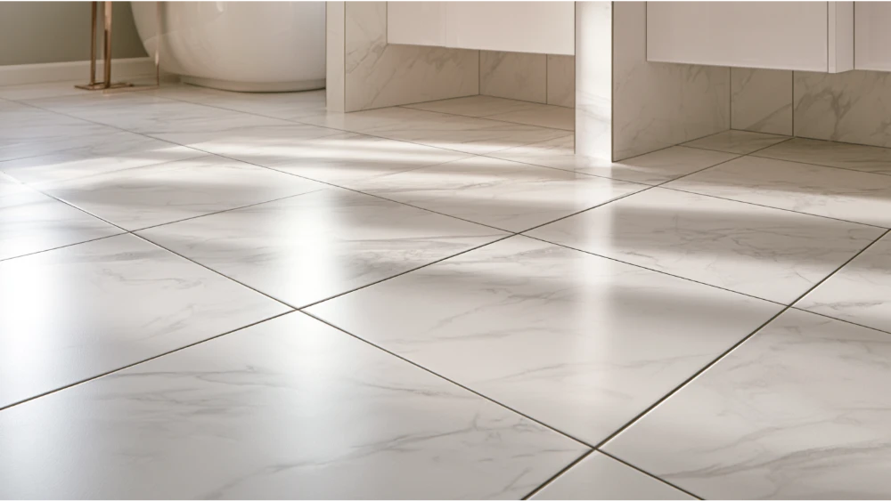 Porcelain bathroom floor tile with properly spaced grout joints and professional installation
