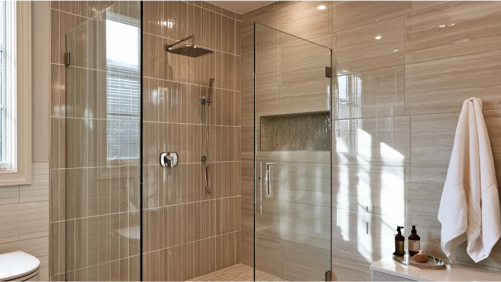 Porcelain, ceramic, glass, and natural stone tile materials used on a modern shower wall