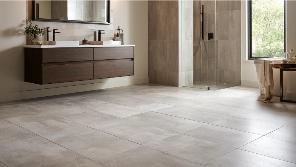 Bathroom floor tile selected for slip resistance, modern style, and practical sizing