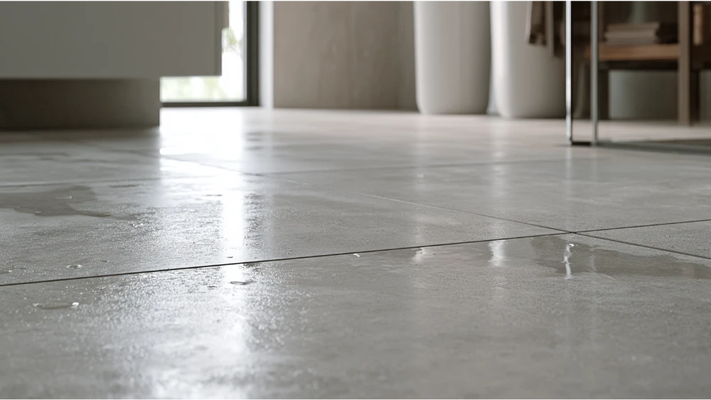 Matte textured bathroom floor tile providing slip-resistant footing in a wet area