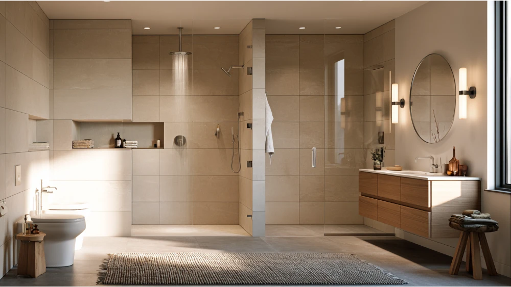 Porcelain, ceramic, glass, and natural stone tile materials used on a modern shower wall