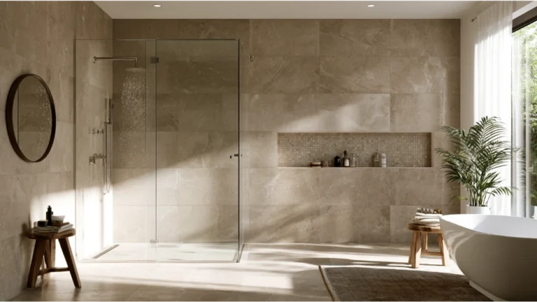 Modern shower with durable porcelain wall tile and timeless tile pattern