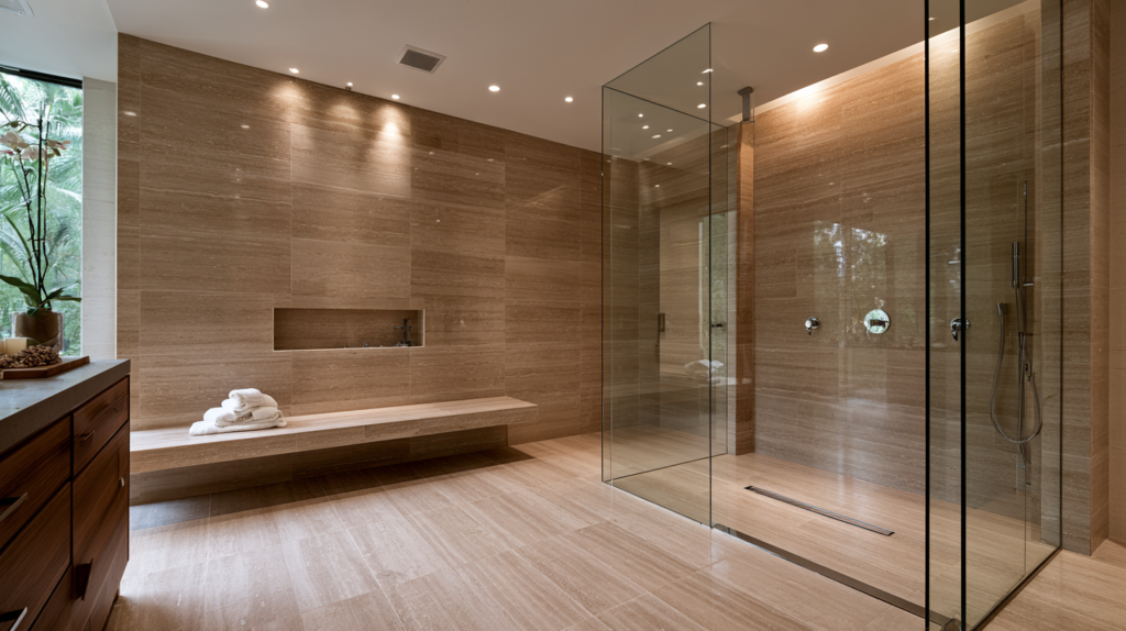 Custom tiled shower with a curbless entry, linear drain, and flexible mud bed layout