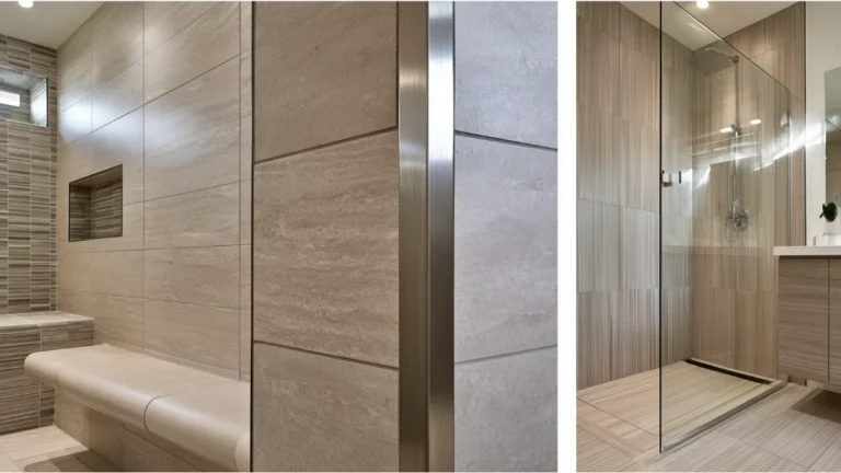 Modern tiled bathroom showing finished edges with bullnose trim, metal Schluter profile, and clean tile transitions