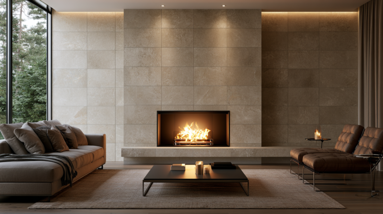 Modern fireplace with a heat-safe tiled surround featuring large-format porcelain and contemporary design