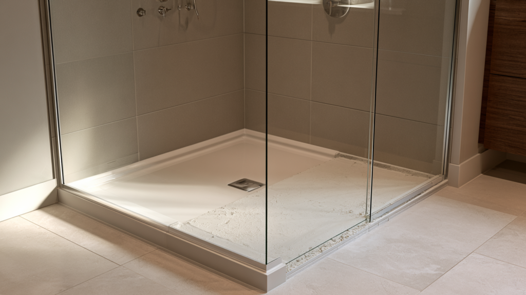 Comparison of a prefabricated shower pan and custom mud bed in a modern bathroom