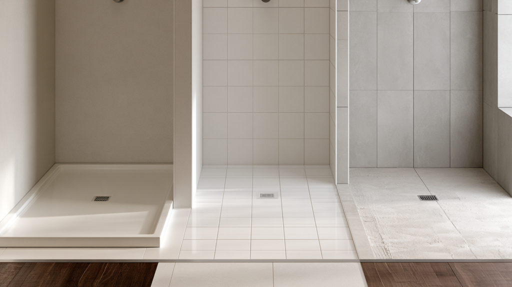 Side-by-side shower design showing a molded prefab pan, tile-ready tray, and custom mortar bed