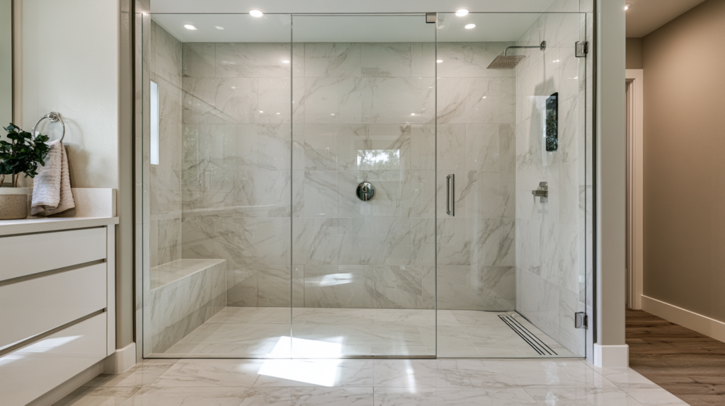 Professionally planned Sacramento bathroom shower remodel with compliant shower layout and drainage