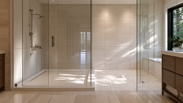 Modern tiled shower comparing a prefabricated shower pan with a custom mud bed floor