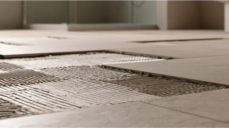 Tile installation showing thinset mortar bonding porcelain tile to a prepared substrate