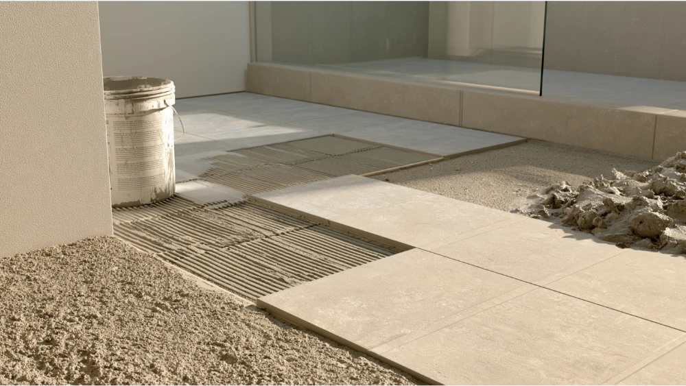 Properly applied thinset mortar providing full support beneath a tiled bathroom floor